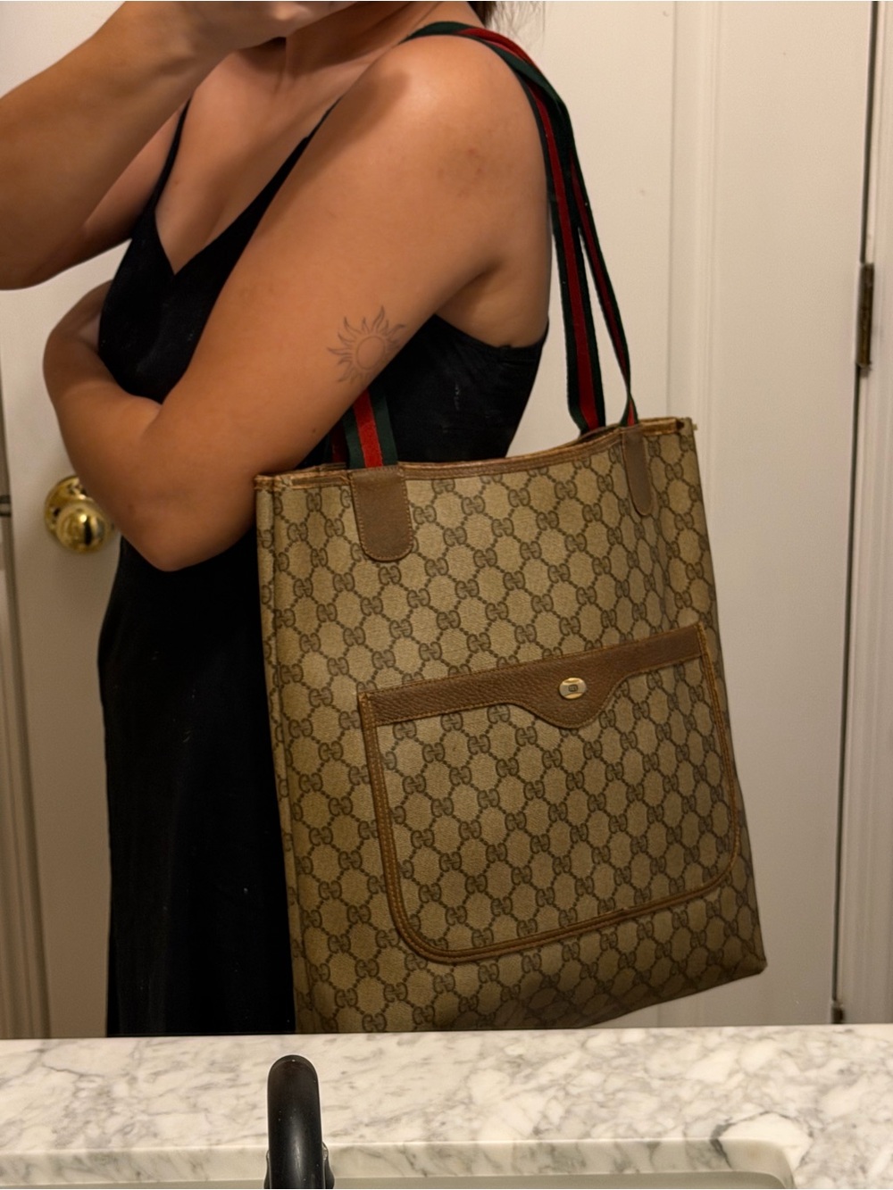 Gucci GG Supreme Monogram Canvas Tote Bag Sherry Web Stripe Handles - Picture 12 of 16